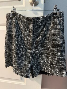 Sage Black & White High-Waist Tweed Shorts